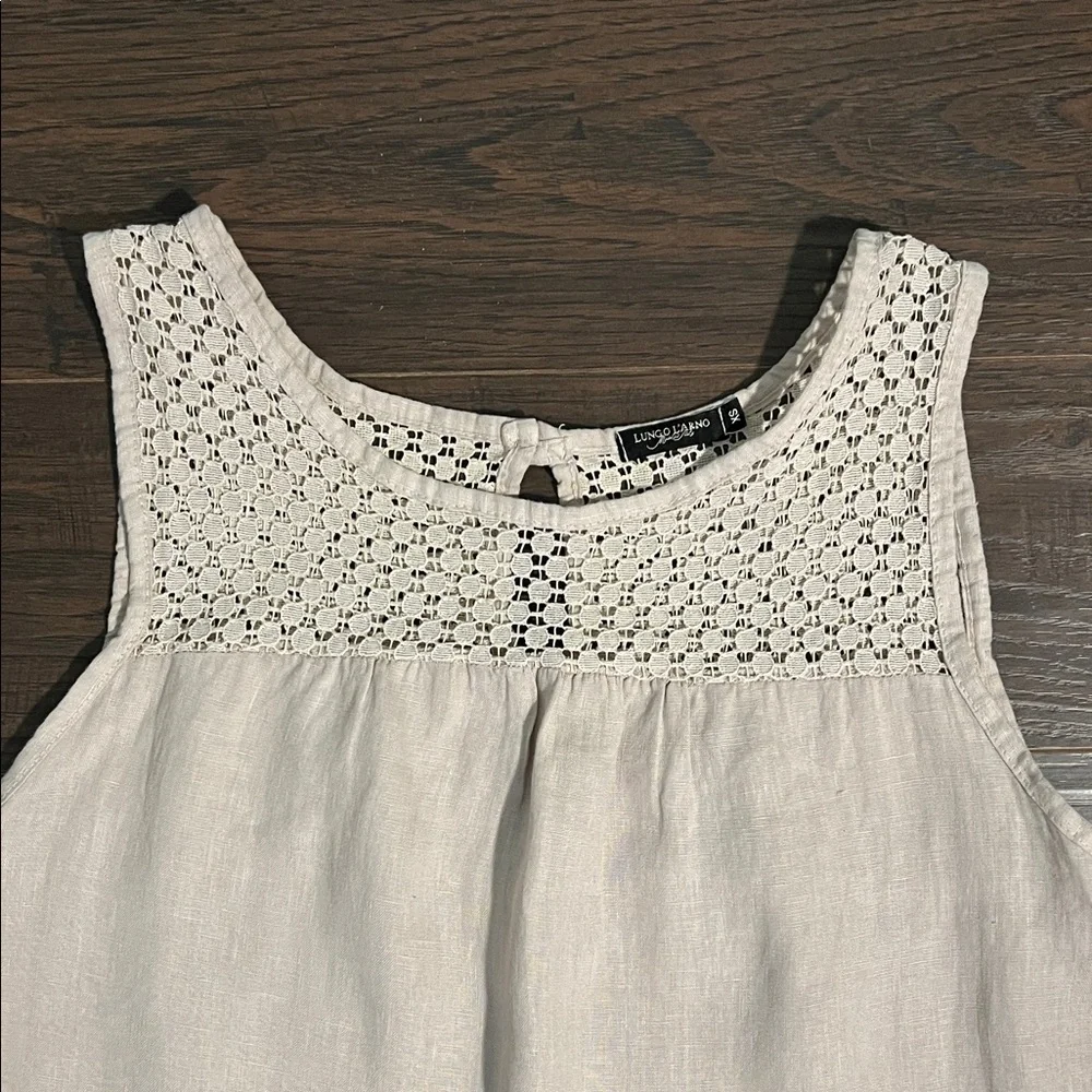 Lungo L’arno Italian Linen Sleeveless Cream Crochet-Trim Midi Dress - Picture 3 of 11